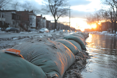 Sandbags line a suburban street to protect against flooding, with the sun setting in the background. the wet ground and melting snow suggest recent rainfall, efforts in flood prevention during winter. Generative AIの素材
