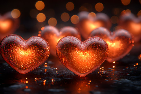 Heart-shaped lights with a glittering effect create a romantic ambiance perfect for valentine's day themes. warm, glowing accents against a dark background enhance the festive and loving atmosphere. Generative AIの素材