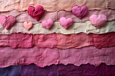 Various shades of pink and purple fabric hearts are arranged on a textured, layered background. the gradient transitions from warm pinks to deep purples, offering a vibrant and romantic aesthetic suitable for design projects. Generative AIの素材
