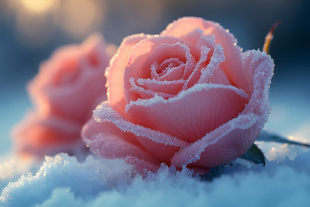 Frost-covered pink roses elegantly rest on a bed of snow, capturing the serene beauty of winter's touch. soft sunlight enhances the delicate petals, creating a tranquil and enchanting scene perfect for greeting cards or nature-themed designs. Generative AIの素材
