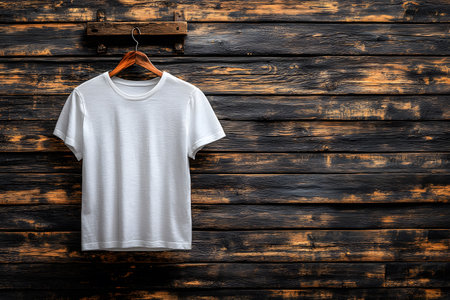 White t-shirt displayed on a vintage wooden wall, minimalist fashion. ideal for showcasing clothing designs, retail concepts, and fashion blog visuals. the rustic setting enhances texture contrast and visual interest. Generative AIの素材