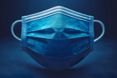 Close-up of a blue surgical face mask, its three-layer design and texture against a dark background. emphasizes themes of health, safety, and medical protection in a professional setting. Generative AIの素材