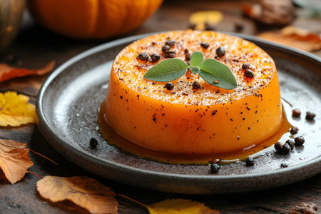 Delicious autumn-themed pumpkin gelatin dessert garnished with sage leaves and peppercorns. surrounded by fall foliage and warm cinnamon tones, perfect for seasonal celebrations and cozy gatherings. Generative AIの素材