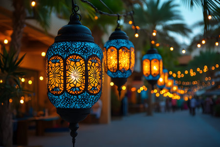 Vibrant blue and orange ornate lanterns illuminate a mediterranean street, creating a warm, inviting atmosphere. palm trees and soft lighting enhance the evening ambiance, ideal for event-themed designs or cultural celebrations. Generative AIの素材