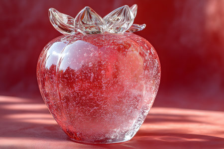 A stunning glass apple sculpture with intricate leaf details set against a rich red backdrop. the shimmering surface reflects light beautifully, making it a perfect decorative piece for contemporary home design. Generative AIの素材