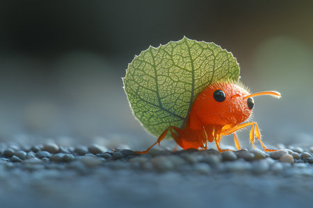 A close-up of a bright orange insect with a leaf on its back, set against a soft-focus natural background. the intricate details on the leaf and the pebble-strewn ground highlight the beauty and creativity of nature. Generative AIの素材