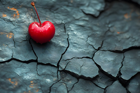 A vibrant red cherry stands out against a cracked, weathered surface, symbolizing resilience amid adversity. the contrasting textures and colors highlight the fragility and beauty of nature. Generative AIの素材