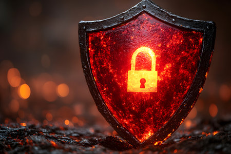 A vibrant image of a glowing shield with a luminous padlock symbol, set against a fiery backdrop. this represents cybersecurity and digital protection, safe online practices and data security. Generative AIの素材