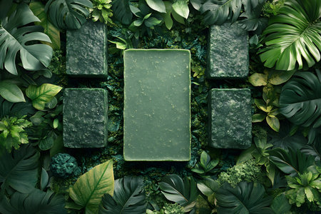 Green soap bars are surrounded by an array of vibrant tropical leaves, showcasing a natural and eco-friendly skincare theme. the harmonious blend of greens emphasizes purity, sustainability, and wellness. Generative AIの素材