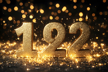 Glittery golden numbers 122 set against a backdrop of warm bokeh lights and sparkling accents, creating a festive atmosphere perfect for celebratory and holiday-themed designs or illustrations. Generative AIの素材