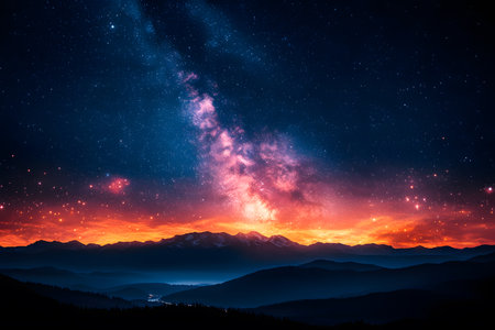 Stunning depiction of a vibrant galaxy stretching across the night sky above a serene mountain range. the scene ethereal beauty of space, blending cosmic wonder with earthly tranquility, ideal for creative and magical landscape prints. Generative AIの素材