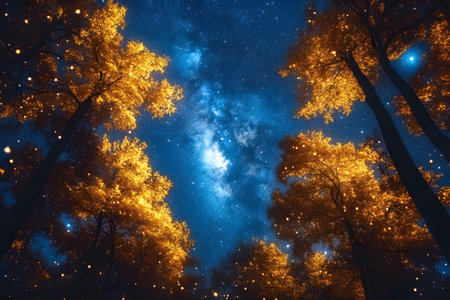 A mesmerizing view of the milky way shining brightly in a star-studded sky, framed by tall trees with golden autumn foliage. the scene evokes a mystical and serene atmosphere, combining the wonders of nature with the night sky's beauty. Generative AIの素材