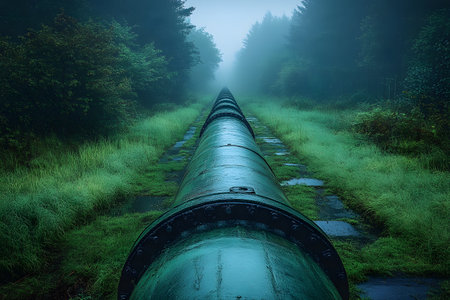 A large industrial pipeline stretches through a vibrant green forest, enveloped in morning mist. the scene conveys a blend of nature and technology, environmental themes alongside concepts of infrastructure and energy. Generative AIの素材