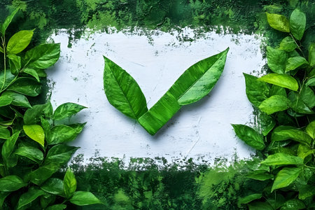 Green leaves form a checkmark symbol on a textured white background surrounded by lush foliage, representing eco-friendliness, environmental sustainability, and natural harmony, perfect for promoting green initiatives. Generative AIの素材