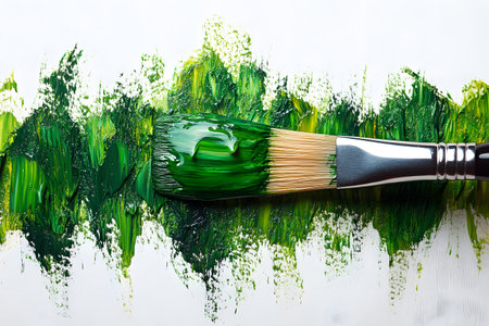 A close-up view showcasing dynamic green brushstrokes on a white canvas, the vivid texture of paint. a large paintbrush lies across the scene, symbolizing creativity and artistic expression. Generative AIの素材