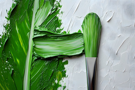 A vibrant green brushstroke spreads across a textured white canvas, demonstrating the art of palette knife painting. the glossy strokes illustrate fluid motion and creativity, ideal for artistic and design inspiration. Generative AIの素材