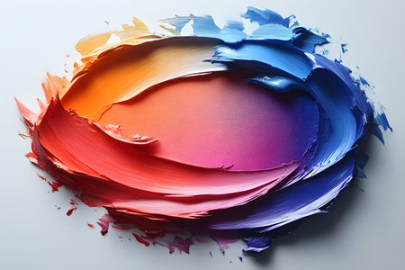 A vivid abstract composition featuring swirling brushstrokes in a spectrum of colors including blue, purple, red, and orange. ideal for modern art enthusiasts and creative design projects seeking dynamic visuals. Generative AIの素材