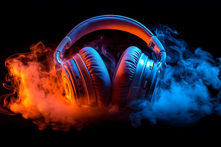Vibrant headphones immersed in dynamic, colorful smoke showcasing an artistic representation of music and audio. the contrasting warm and cool hues blend into a striking visual, symbolizing the power and emotion audio evokes. Generative AIの素材