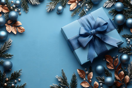 Festive composition showcasing a beautifully wrapped gift box in blue with a ribbon, surrounded by christmas ornaments, pine branches, and decorative elements. the blue and copper color scheme enhances the holiday atmosphere. Generative AIの素材
