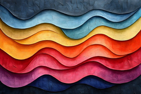 Vibrant abstract art featuring layered, flowing wave patterns in a spectrum of colors. the dynamic composition creates a sense of movement and energy, ideal for contemporary decor or creative design projects. Generative AIの素材