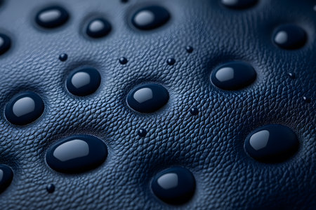 Close-up view of dark blue water droplets resting on a textured surface, creating a visually intriguing pattern. the image contrast between smooth droplets and the rugged, pebbled texture, ideal for backgrounds or artistic designs. Generative AIの素材