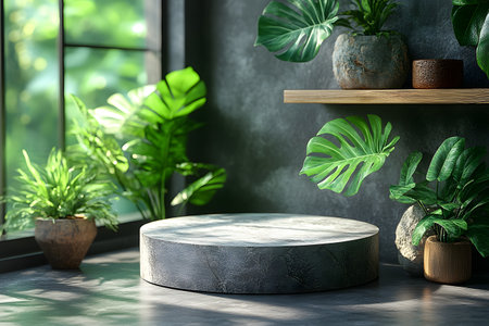 A serene modern interior featuring tropical plants and a circular stone display platform. sunlight streams through the window, enhancing the lush greenery. ideal for home decor, design inspiration, and botanical themes. Generative AIの素材