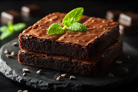 Close-up of two stacked chocolate brownies garnished with fresh mint leaves on a dark slate surface. the rich, fudgy texture is highlighted, surrounded by chocolate chips, offering a tempting dessert presentation. Generative AIの素材