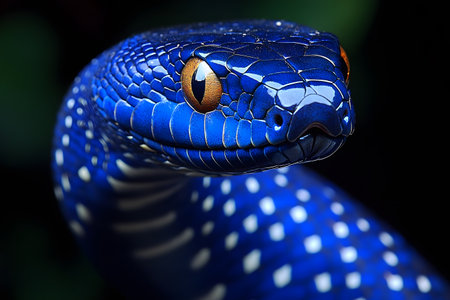 Vivid close-up of a blue snake with striking orange eyes against a contrasting dark background. the detailed scales and mesmerizing gaze capture the exotic allure of reptilian wildlife and the beauty of nature. Generative AIの素材