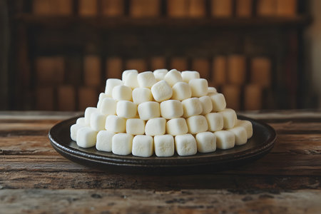 Marshmallows neatly stacked on a dark plate placed on a rustic wooden table. the arrangement creates a visually appealing scene suitable for food photography, dessert styling, or culinary presentations. Generative AIの素材