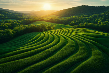 Serene landscape showcasing rolling green hills under a setting sun, creating a tranquil atmosphere. the soft light enhances the lush texture of the fields and the forested hills, ideal for nature-themed art or tranquil decor. Generative AIの素材