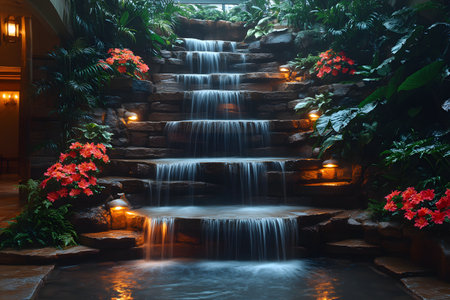 A serene indoor garden featuring a cascading waterfall surrounded by vibrant red flowers and lush green foliage. subtle ambient lighting creates a calming, inviting atmosphere, perfect for relaxation or meditation spaces. Generative AIの素材