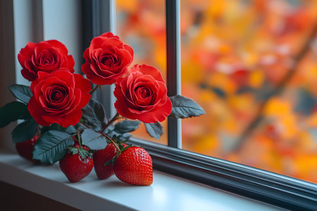 Red roses paired with ripe strawberries are placed on a windowsill, framed against a backdrop of vibrant autumn leaves outside. the scene offers a harmonious blend of nature s colors, ideal for decor inspiration and nature-themed projects. Generative AIの素材