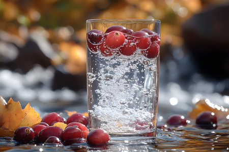 Sparkling cranberries float in a glass of water surrounded by autumn leaves, creating a vibrant and refreshing seasonal still life. the effervescence and vivid colors capture the essence of fall. Generative AIの素材