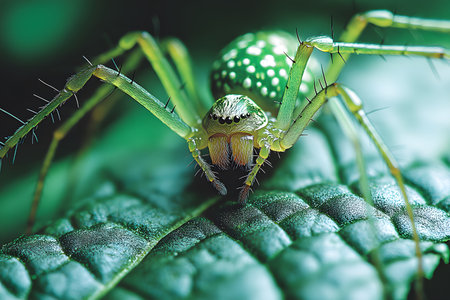 A striking macro photograph captures a vibrantly green spider with detailed features resting on a textured leaf. highlights the intricate patterns and natural beauty of arachnids in their natural habitat, ideal for educational or decorative purposes. Generative AIの素材