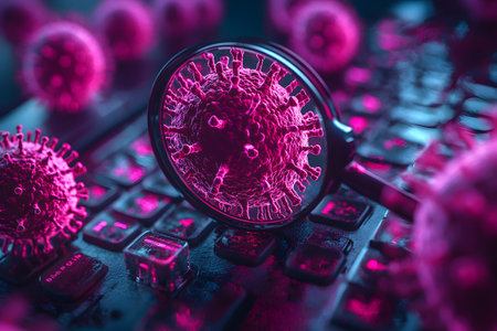 High-tech visualization of a cybersecurity threat. features a virus enlarged under a magnifying glass on a computer keyboard, the importance of digital security and potential vulnerabilities in technology. Generative AIの素材