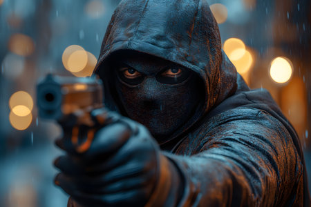 Hooded and masked figure intensely aims a handgun in a dramatic urban setting. bokeh city lights and raindrops enhance the tension and mystery, creating an atmospheric, cinematic composition with themes of suspense and noir. Generative AIの素材