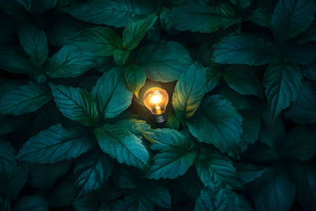 A glowing light bulb nestled among lush, dark green leaves symbolizes innovation and nature. the contrast of vivid light and rich foliage creates a striking visual, ideal for themes of creativity, sustainability, and natural inspiration. Generative AIの素材