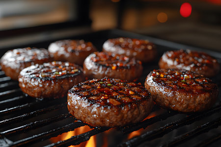 Juicy beef burgers sizzle on a hot barbecue grill, showcasing perfect grill marks. flames flicker below, adding an authentic touch to a classic summer cookout scene. ideal for culinary promotions and barbecue-themed designs. Generative AIの素材