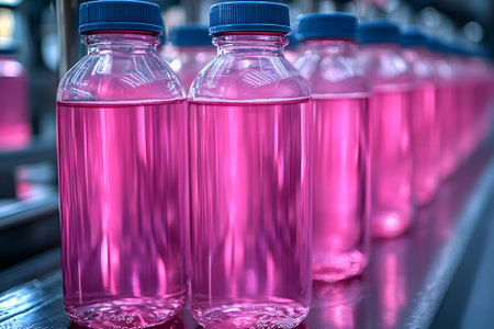 Bottles filled with pink liquid line up on a conveyor belt in a beverage manufacturing facility. their uniformity and vibrant color showcase the automation and efficiency in the production and packaging process. Generative AIの素材