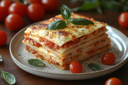 A mouthwatering homemade lasagna garnished with fresh basil leaves, surrounded by ripe cherry tomatoes. the layers of pasta, rich tomato sauce, and cheese offer a classic italian dining experience, perfect for culinary presentations or recipe collections. Generative AIの素材