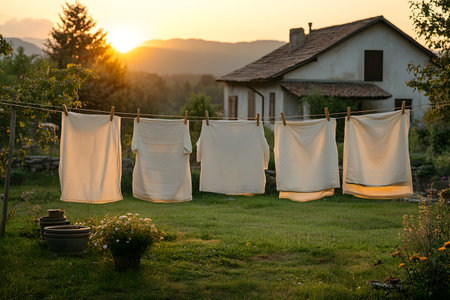 A serene rural scene features a rustic house at sunset, with clothes gently swaying on a clothesline amidst lush greenery. the warm evening light creates a tranquil, homely atmosphere, the simplicity of country life. Generative AIの素材
