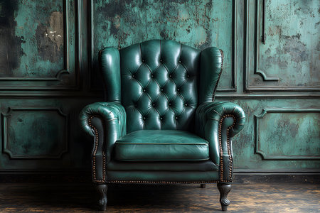 Elegant green leather armchair with tufted design exudes sophistication and vintage charm. set against a textured, distressed teal wall, it showcases timeless style and classic interior design elements. Generative AIの素材