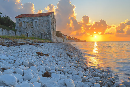 A tranquil sunrise illuminates a historic stone building by the sea, with gentle waves lapping a pebble-strewn beach. the vibrant sky reflects colors of dawn, the natural beauty of the coastal landscape. Generative AIの素材