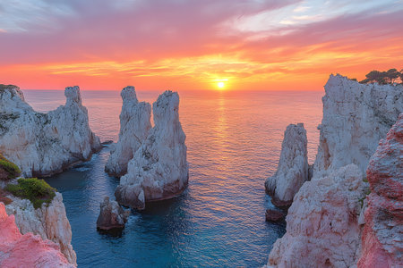 Coastal scene featuring towering rock formations against a vibrant sunset sky. the serene water reflects the warm hues of the sun, creating a picturesque and tranquil atmosphere. perfect for travel and nature themes. Generative AIの素材