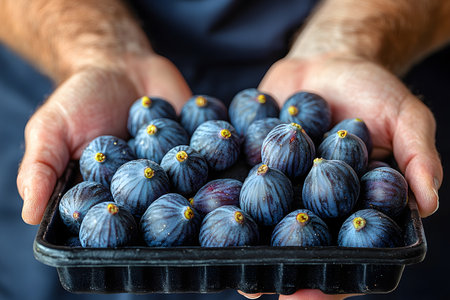 Close-up of fresh figs held in a container, showcasing vibrant purple hues and natural textures. ideal for culinary purposes, health-focused advertisements, or organic produce promotions. emphasizes freshness and artisanal quality. Generative AIの素材