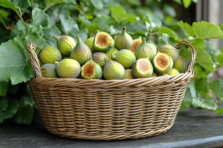 A wicker basket brimming with ripe figs highlights their vibrant green and purple hues. nestled among lush foliage, the scene evokes themes of organic farming, freshness, and natural abundance, perfect for organic market promotions. Generative AIの素材