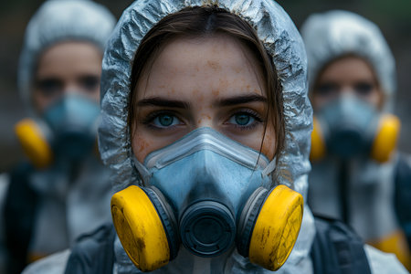 A close-up of individuals wearing protective hazmat suits and respirators, themes of safety and environmental awareness. the setting emphasizes preparedness and vigilance in potentially hazardous conditions. Generative AIの素材