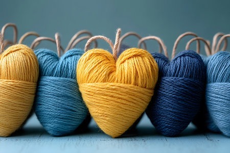 Vibrant yarn wrapped in heart shapes, showcasing an array of blue and yellow hues. ideal for creative craft inspiration, textile art, or design projects requiring a touch of warmth and color. Generative AIの素材