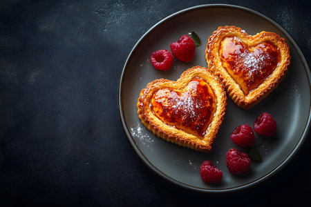 Heart-shaped pastries filled with glistening jam are beautifully arranged on a dark plate, accompanied by fresh raspberries. the contrast of bright fruit and dark background creates an elegant and romantic dessert setting, ideal for valentine's day. Generative AIの素材