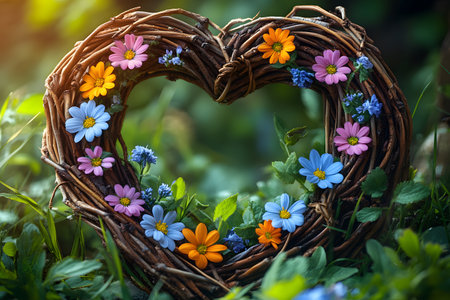 A heart-shaped wreath crafted from twigs adorned with colorful spring blooms rests among lush green leaves. the vibrant flowers include orange, blue, and pink hues, evoking themes of love and natural beauty. ideal for romantic or spring-themed designs. Generative AIの素材